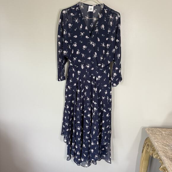 Cabi Sheer Dream Midi Dress Chiffon Lined Size 4 Navy Floral Asymmetrical New - Picture 4 of 8